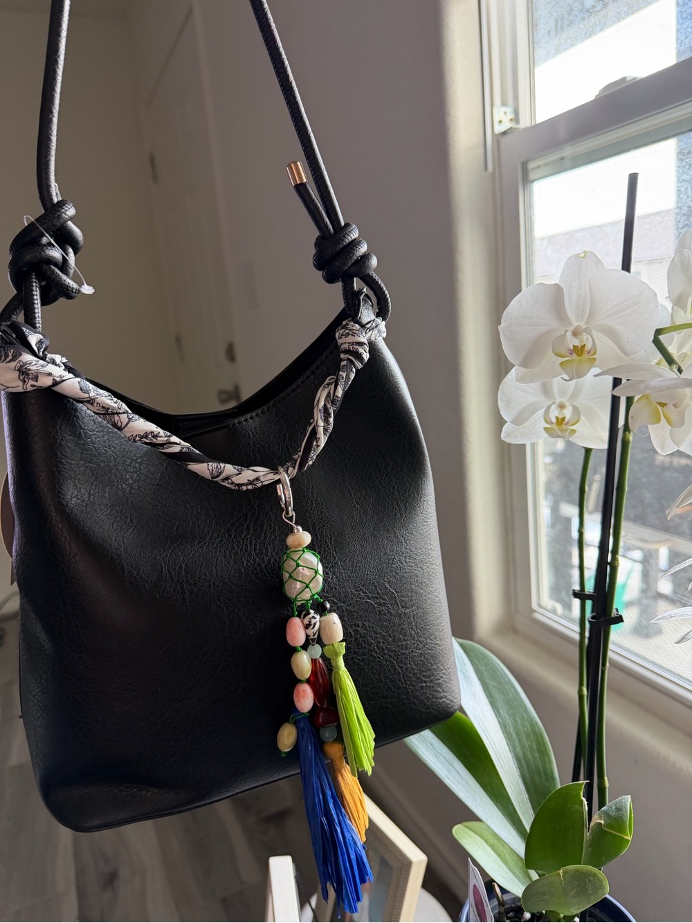 Black Women's Shoulder Bag with Colorful Tassel Charm